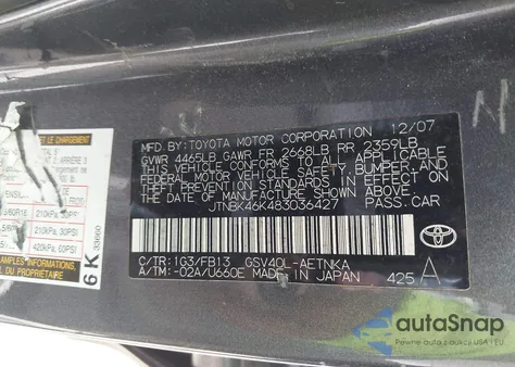 2008 Toyota Camry Le V6 из США, поврежденный, VIN JTNBK46K483036427